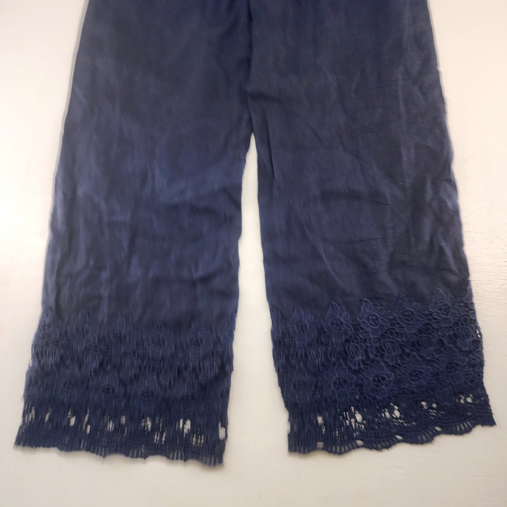 Cynthia Rowley Small | Navy Blue 100% Linen Lace Hem Cropped Pants Coastal - Picture 5 of 6
